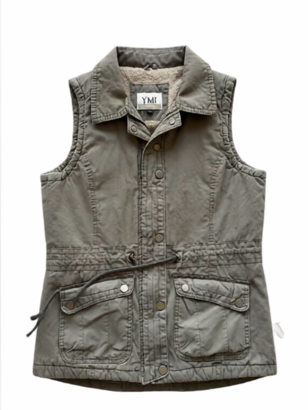 YMI Olive Green Utility Vest with Sherpa Lining